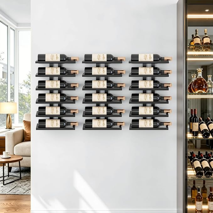 Hoctieon 3-Set 6 Tier Wall Mount Wine Rack (18 Tiers), Wall Racks for Wine Bottles Display and Storage, Hanging Bottle Organizer for Living Room, Dining Room, Wine Cellar, Bar, Black