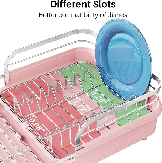 SNTD Dish Drying Rack, Expandable Dish Rack for Kitchen Counter, Stainless Steel Dish Drainer with Drainboard Set and Utensil Holder (Pink)