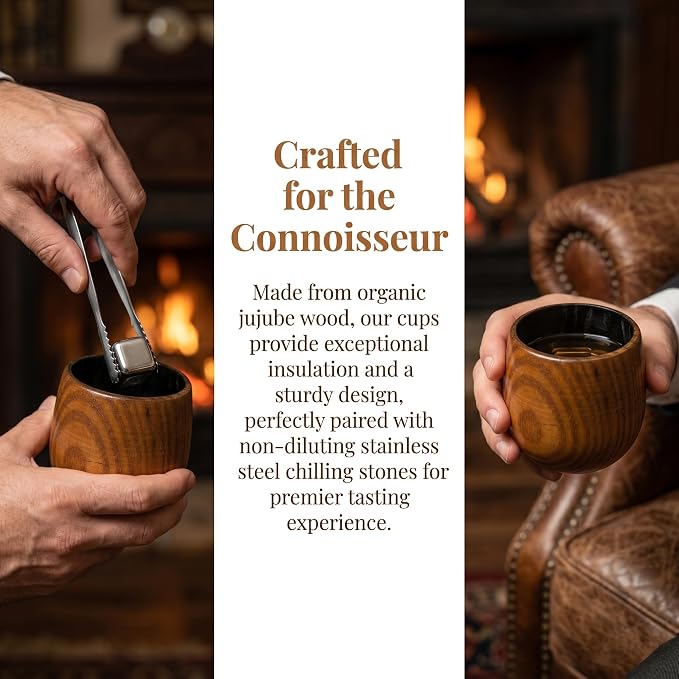 Wooden Whiskey Glass Set - Charred Bourbon Cup, Old Fashioned, Gift for Man | Pair 10oz with 6 Stainless Chilling Rocks, 2 Felt Coasters, Tong, Bag & Gift Box for Father's Day, Anniversaries, Retirement