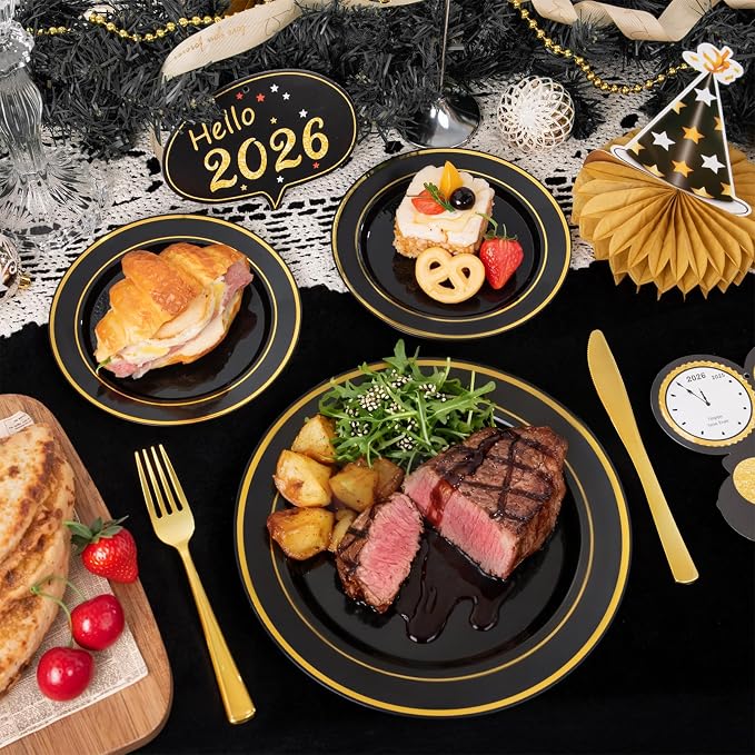 350 Pieces Black and Gold Plastic Plates with Disposable Silverware, Include 50 Dinner Plates 9”, 50 Dessert Plates 6.3”, 50 Black Cups 9 OZ, 50 Pre Rolled Napkins for New Year (Pack of 2)