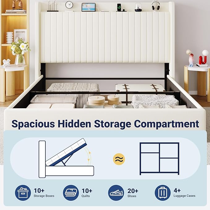 Allewie King Lift Up Storage Hydraulic Bed Frame,Charging Station,Cream | Storage Shelf Headboard with Charging Station,Type-C,USB Ports,Hydraulic Support,Velvet Upholstered,No Box Spring Needed