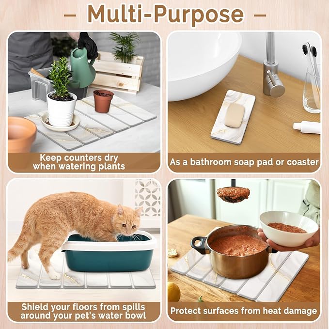 Small Stone Dish Drying Mat for Kitchen Counter, 15.7"×12" & 8"x4" Quick Dry Stone Mats, Foldable Water Absorbing Diatomaceous Earth Drying Dish Pad for Countertop Bottles Utensils Cup(Gold White)