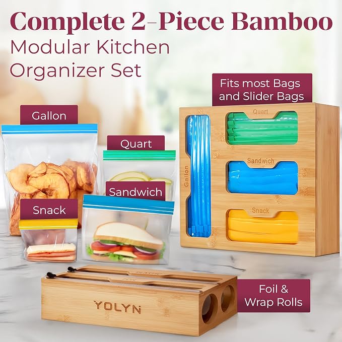 Bamboo Food Storage Bag Organizer for Drawer with Foil & Plastic Wrap Dispenser – 4 in 1 Premium Kitchen Drawer Organizer for Gallon, Quart & Sandwich Bags