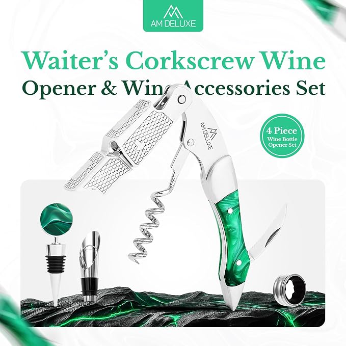 Wine Bottle Opener Set - Professional Waiters Corkscrew Wine Opener, Wine Aerator Pourer Spout, Wine Bottle Stopper, Wine Collar Drip Ring. 4-Piece Wine Accessories Gift Set