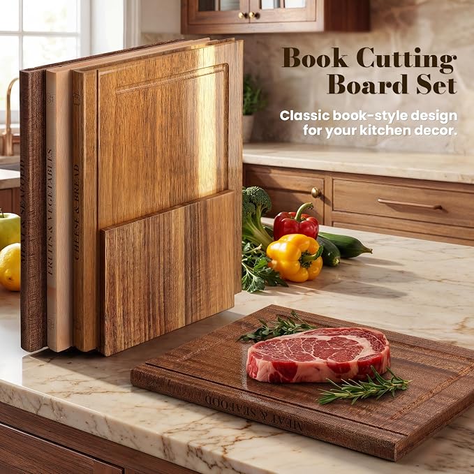 Book Cutting Board Set with Stand, 3PCS Acacia Book Cutting Boards, Library Chopping Board Set for Kitchen, Juice Groove, Three Categories of Tags, Gift for Book Lovers | Library Chopping Board Set for Kitchen, Juice Groove, Three Categories of Tags, G...