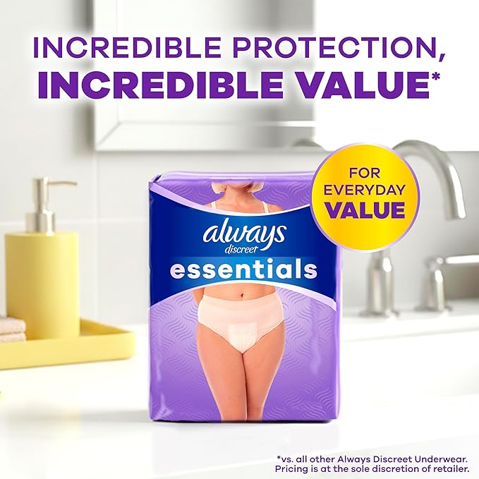 Always Discreet Essentials Adult Diapers for Women, Postpartum Essentials, Disposable Briefs, Unscented Incontinence Underwear Bladder Leak Protection, Size L, 56 Count