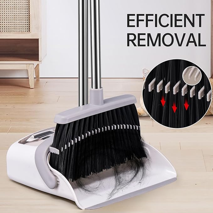 Broom with Dustpan Combo Set, Hand Broom and Dustpan Set for Sweeping Indoor Angle Broom for Home Office Kitchen Lobby Floor Pet Hair Indoor&Outdoor Cleaning (White&Gray)