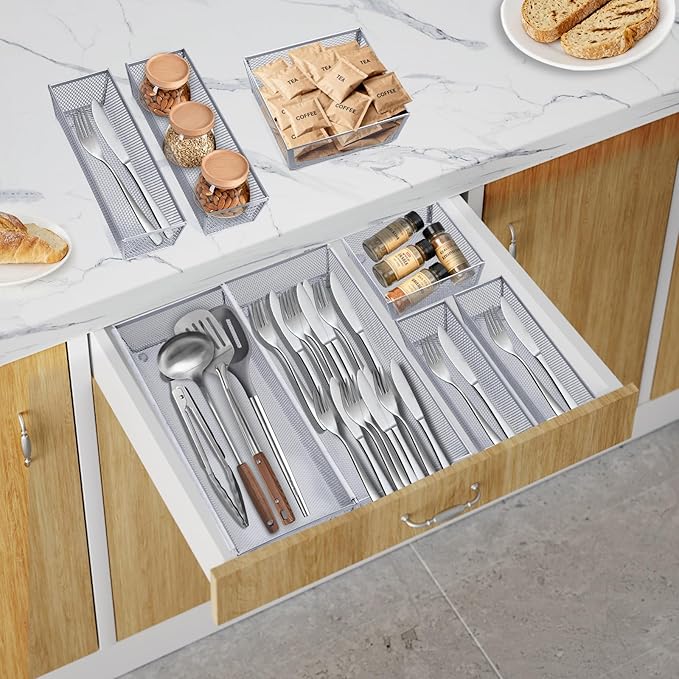 Neudeco Silverware Drawer Organizer, Pack 5, Silver | Utensil Organizer, For Large Utensils, Interlocking Arm, Cutlery Tray for Knives Fork Spoon