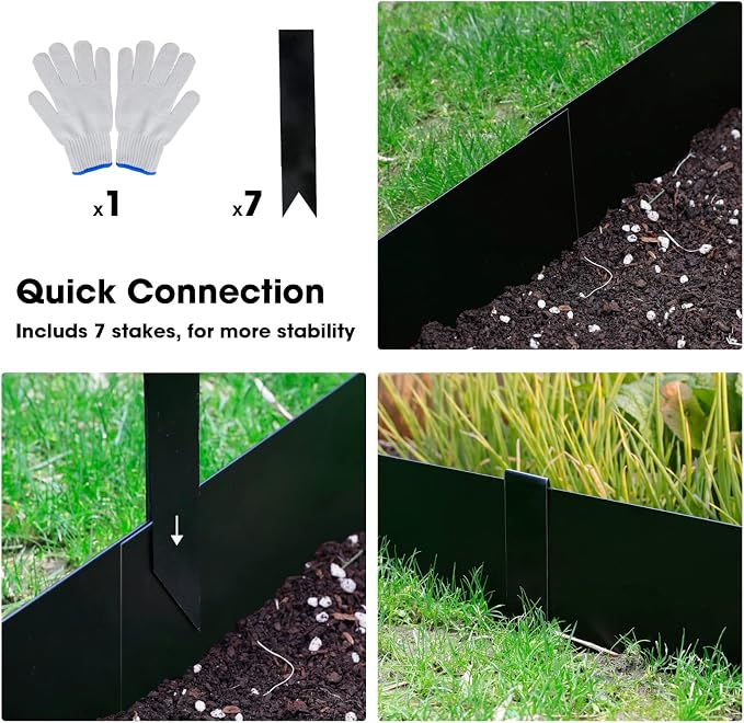 Worth Garden 6-Pack 8“ H. Galvanized Steel Landscape Edging w/Black Powder Coating - 40" L x 8" H Strips - Hammer-in 16-Gauge Metal Edging Border w/ 7 Clips & Gloves - Edge for Lawn Yard (20Ft Total)