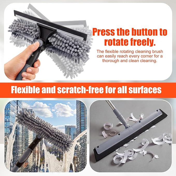 30 Feet High Reach Duster Kit with 2-24 ft Extension Pole High Ceiling Dusting and Window Cleaning Kit with Window Washer & Squeegee, Cobweb Duster, Washable Head for Ceiling Fan(Gray)