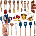 Styled Settings 33-Piece Blue and Copper Kitchen Bundle – 17-Piece Utensil Set, 8-Piece Magnetic Measuring Spoons, and 8-Piece Gold Stainless Steel Measuring Cups