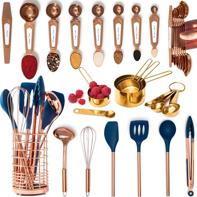 Styled Settings 33-Piece Blue and Copper Kitchen Bundle – 17-Piece Utensil Set, 8-Piece Magnetic Measuring Spoons, and 8-Piece Gold Stainless Steel Measuring Cups