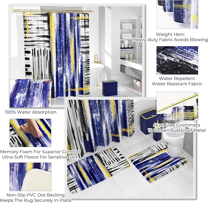 Bathroom Set - Bathroom Accessory Set, Navy Blue Bathroom Set, 26PC Bathroom Sets with Shower Curtain and Rugs, Toilet Brush, Trash Can, Qtip Holder & Bathroom Soap Dispenser Set