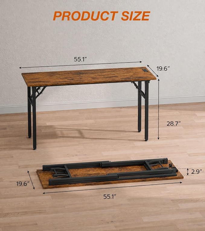 XBurmo Small Folding Desk Folding Table, No Assembly Foldable Desk Gaming Desk, 55.1-Inch Computer Table Workstation with 2 AC Outlets and 2 USB Ports for Bedroom and Home Office, Rustic Brown