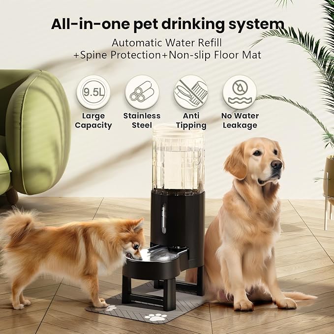 CZPET Elevated Dog Water Bowl Dispenser with Mat (9.5L+Stand+Mat,Black) | With Stainless Steel Bowl Gravity Waterer, Large Capacity and Drinking Area Noise-Free for Pets