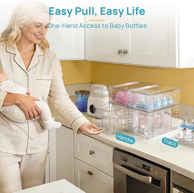 Vtopmart 4 Pack Clear Stackable Storage Drawers,Under Sink and Kitchen Organizers Storage,Easy to Assemble Plastic Drawers for Baby Bottle,Medicine, Bathroom,Cabinet and Pantry Organization