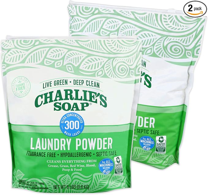Charlie’s Soap Laundry Powder (300 Loads, 2 Pack) Hypoallergenic Deep Cleaning Washing Powder Detergent – Eco-Friendly, Safe, and Effective