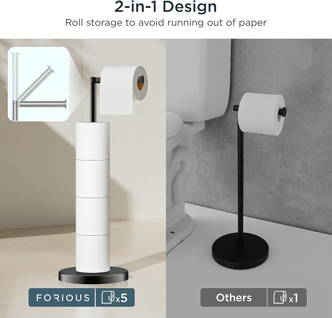 FORIOUS Toilet Paper Holder Stand, Modern Freestanding Tissue Roll Holder for Bathroom, Durable SUS 304 Stainless Steel and Weighted Base Toilet Paper Stand, Storage for 4 Rolls, Oil Rubbed Bronze