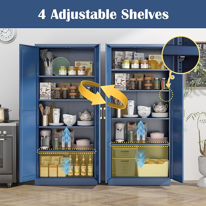 Steeloong 71"Metal Pantry Storage Cabinet with Doors & 4 Adjustable Shelves | Kitchen Pantry Cabinet,Blue Kitchen Cabinet with 2 Gold Handles,Tall Cabinet for Livingroom,Pantry, Bathroom,Kitchen,Garage