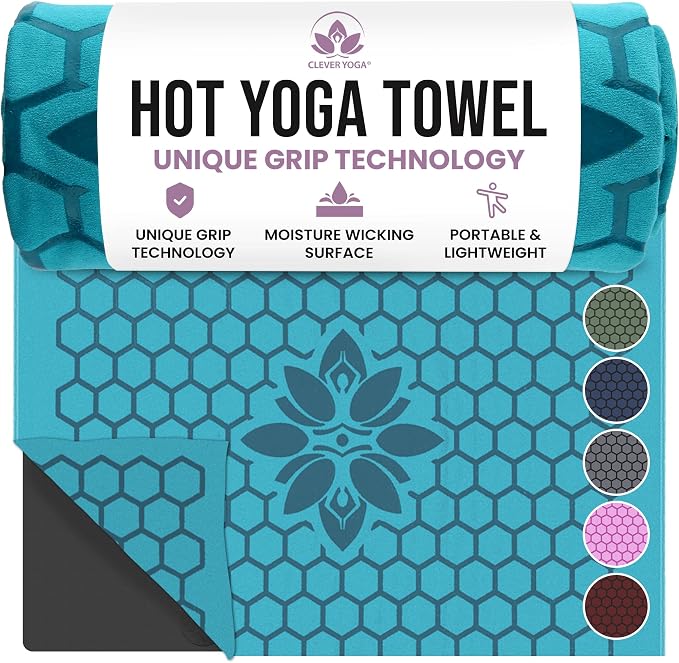 Clever Yoga Hot Yoga Mat Towel – Non-Slip Grip for Hot Yoga, Sweat Absorbent, Honeycomb Silicone Grip, Stays Flat – Ideal for Pilates, Travel, Washable & Lightweight - Turquoise