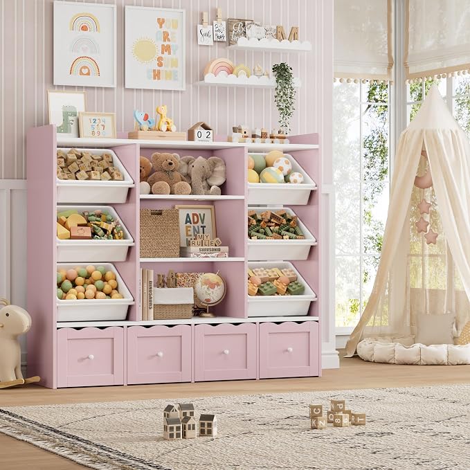 HITHOS 55" W Kids Toy Storage Organizer with 10 Toy Box & Book Shelf, Pink | Large Toy Organizers and Storage with Kids Bookshelf & 6 Plastic Toy Chests & 4 Movable Drawers for Kids Room, Playroom