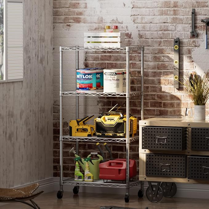 Golpart 4 Tier Shelves Storage Shelf Wire Closet Bathroom Organizers Metal Pantry Kitchen Garage Shelving Unit Laundry Room Organization Home Rack Net Basket White with Wheels 14”D X 24”W X 48.9”H