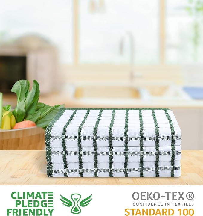 Urban Villa Kitchen Towels Cotton Dish Towels 20”x30” (Set of 3) Green Wht