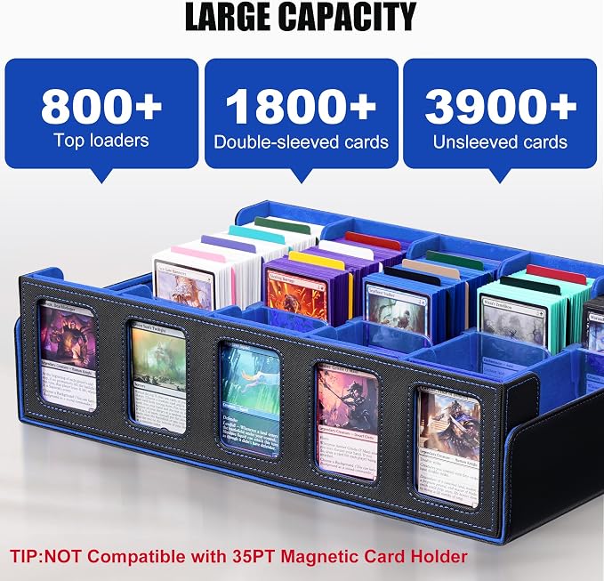 Trading Card Storage Box with Commander Display , 5-Row Deck Case with Removable Lid; 3900+ Card Deck Box for MTG TCG Sports Card, 5 Top Loaders, 5 Stoppers, 48 Dividers,1 Dice Tray (Black Blue)