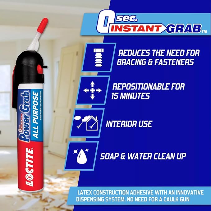 Loctite Power Grab Express All Purpose Construction Adhesive, 7.5 fl oz, 1 Pressure Pack - Versatile Construction Glue for Cement, Tile, Wall & More
