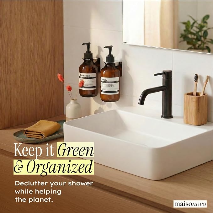 Shampoo and Conditioner Dispenser Wall Mounted Set of 2 Amber Black - No Drill Shower Soap Dispenser for Bathroom Refillable - Spa Hotel Style Accessories by MaisoNovo | 500 ml Shower Gel Dispenser Set of 2. Refillable Shampoo and Conditioner Bottles. ...