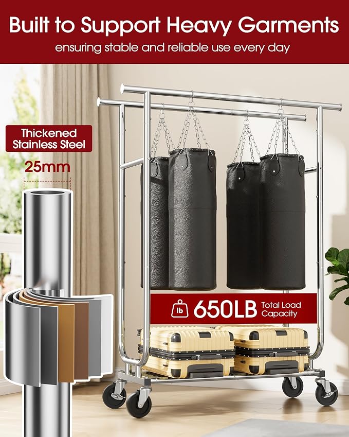 Sakugi Heavy Duty Stainless Steel Rolling Clothes Rack with Mesh Shelf, Lockable Wheels & Anti-Slip Stoppers, Large Capacity Clothing Organizer for Bedroom, Laundry Room, 43.5" x 16.5" x 65.9", Silver