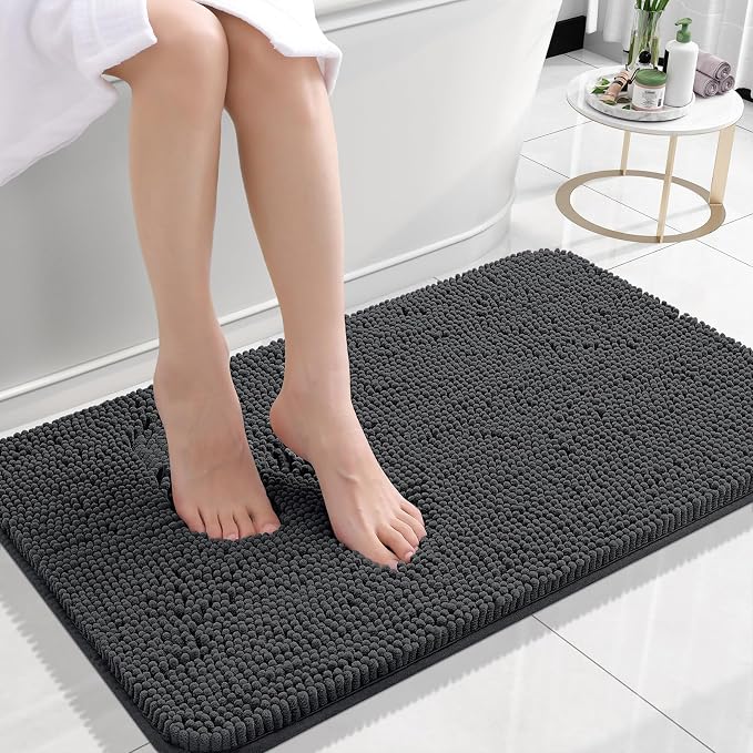 OLANLY Small Bathroom Rugs 24x16, Extra Soft Absorbent Chenille Bath Rugs, Rubber Backing Quick Dry, Machine Washable Bath Mats for Bathroom Floor, Tub and Shower, Home Decor Accessories, Dark Grey