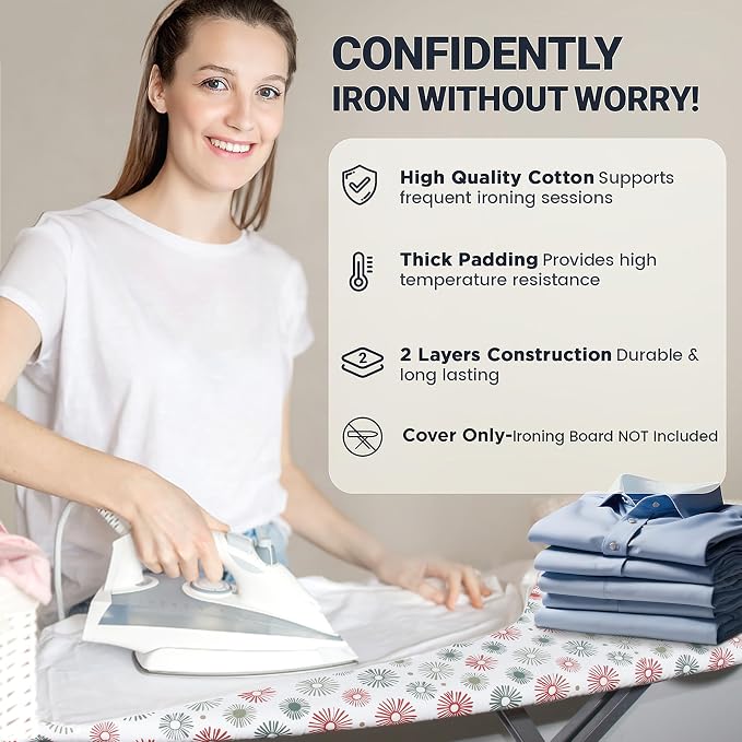 UniSimp Ironing Board Cover and Pad 15"x54" Extra Thick Natural Cotton, Scorch and Stain Resistant Padding, Standard Size Iron Board Cover with Fasteners Heavy Duty Elastic Edge, Heatproof Sunflora
