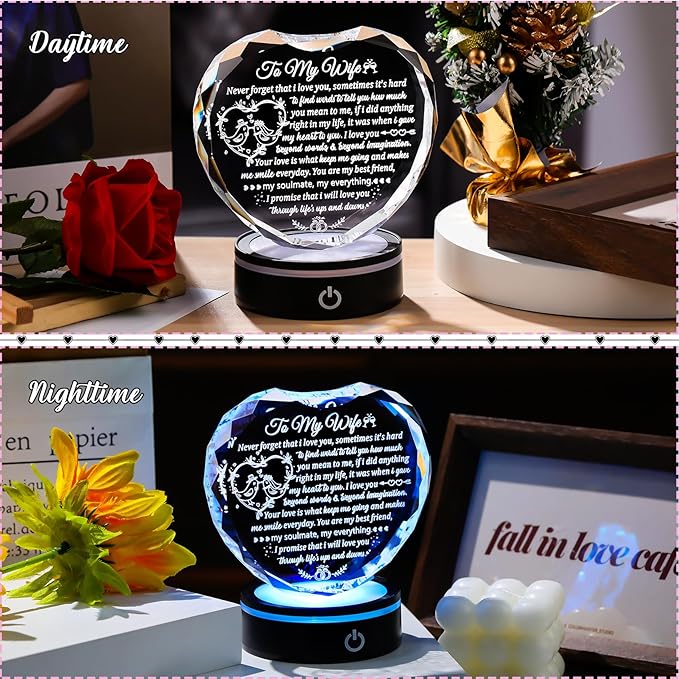 Arikyrist Crystal Heart Gifts for Wife from Husband with Colorful LED Base, Romantic Anniversary Wedding Gift Ideas to My Wife, Glass I Love You Keepsakes for Her