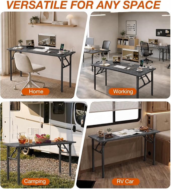 XBurmo Small Folding Desk Folding Table, No Assembly Foldable Desk Gaming Desk, 55.1-Inch Computer Table Workstation with 2 AC Outlets and 2 USB Ports for Bedroom and Home Office, Marble Greige