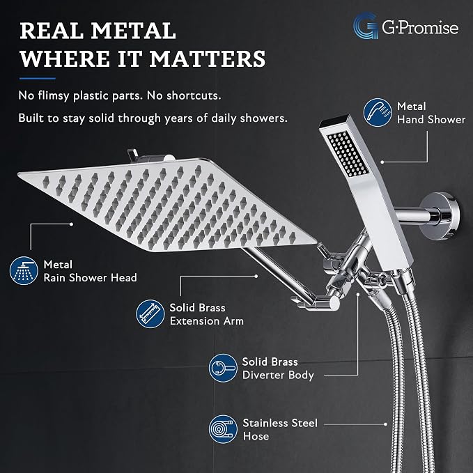G-Promise All Metal 10" Dual Square Shower Head Combo | Rain Shower Head | Handheld Shower Wand | Adjustable | Smooth 3-Way Diverter | 71" Extra Long Hose - A Bathroom Upgrade (Chrome)
