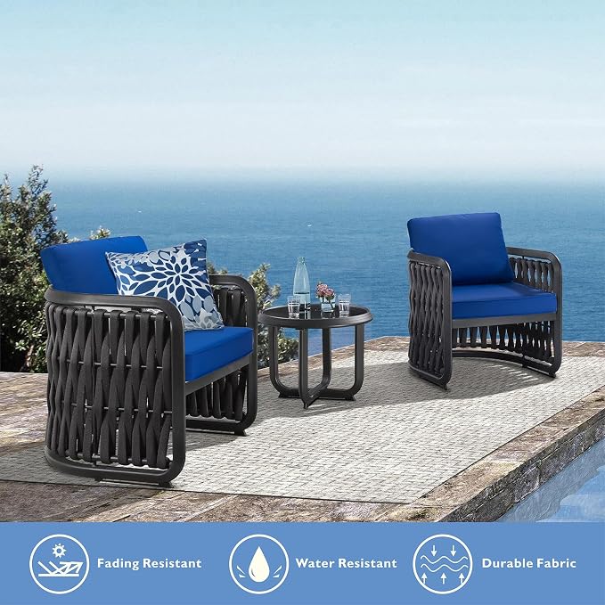 JMGBird Outdoor Chair Cushions Set of 2 - Waterproof Patio Seat Cushions 19x19 Inch with Ties, Dark Blue Solid Color High Density Foam Square Cushions for Garden Furniture