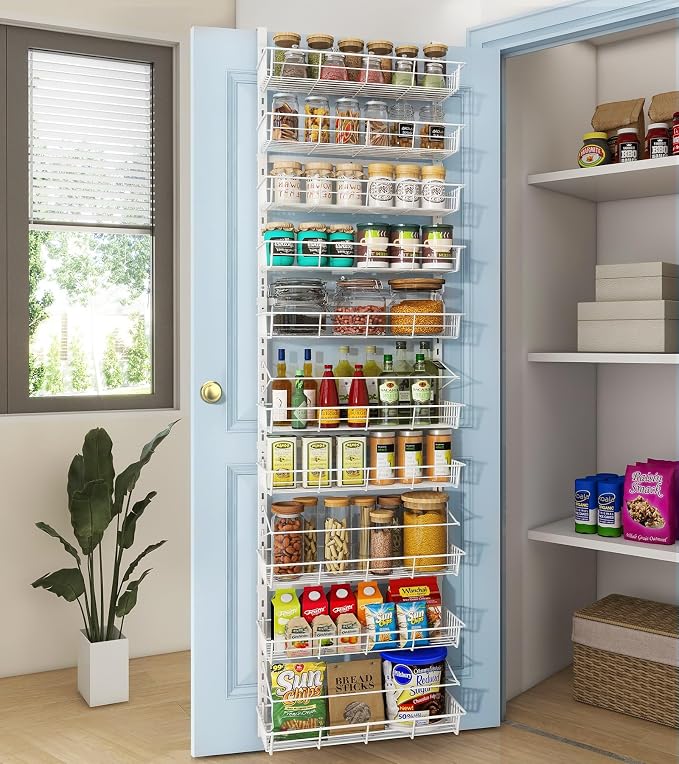 Mefirt White 10-Tier Over The Door Pantry Organizer, Pantry Organization and Storage, Metal Hanging Adjustable Basket, Wall Spice Rack Seasoning Shelves, Home & Kitchen Essentials