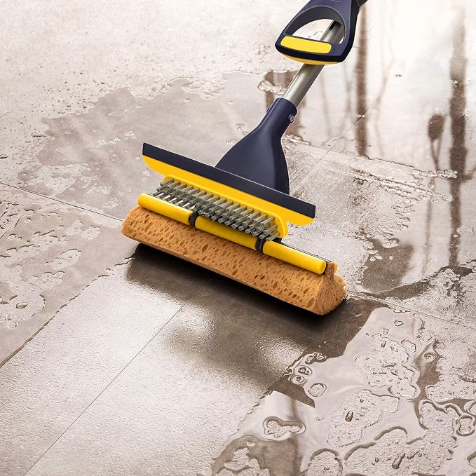 Yocada Collapsible Plastic Bucket Mop Bucket and Sponge Mop Kit Home Commercial Tile Floor Bathroom Garage Cleaning with Total 2 Sponge Heads Telescopic 42.5-52 Inches Easily Dry Wringing Yellow