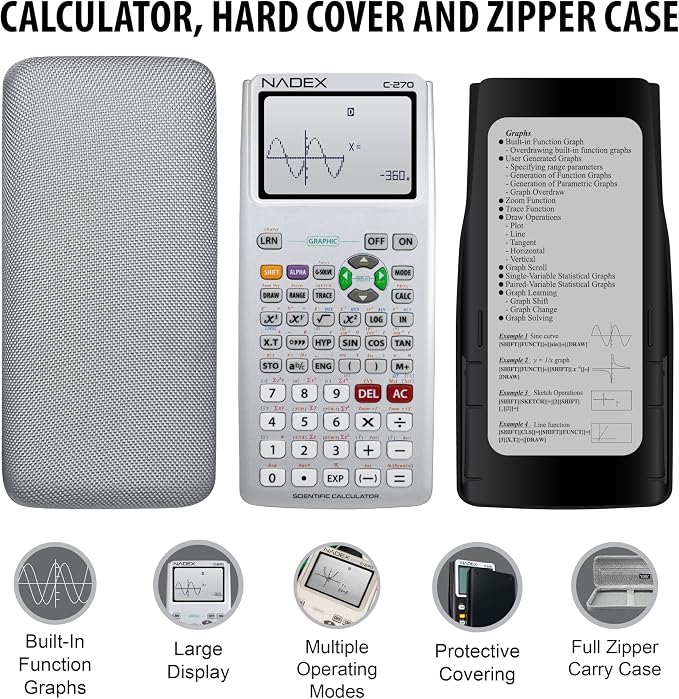 Scientific Calculator with Graphing, Includes Carrying Case, for College and High School Students, Calculus, Algebra, Geometry, Trigonometry, Statistics, Physics, Chemistry, Silver