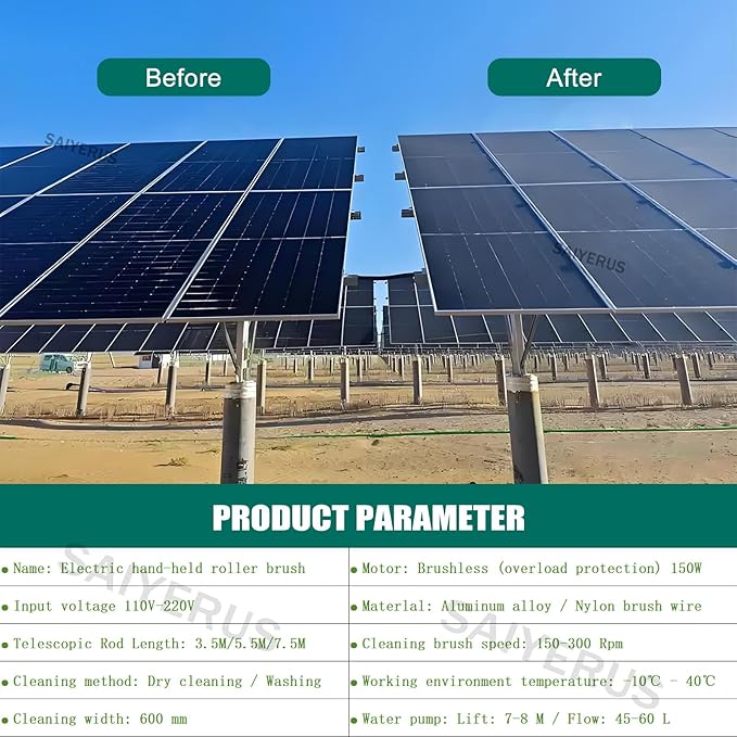 Solar Panel Cleaning Kit, Automatic Rotary Cleaning Brush, Solar Panel / Roof Water Brush, Window Cleaner, Special Roof Water Brush with Adjustable Extension Rod with two Power Converter,7.5M/25Ft