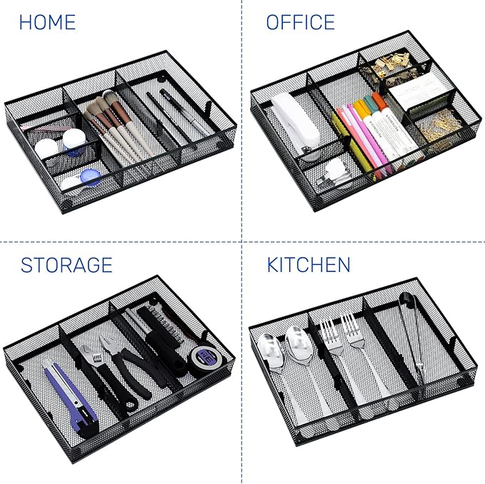 Neudeco Desk Drawer Organizer, 4 Pack Metal Mesh Drawer Organizer Set with Adjustable Dividers, Stackable Pen Organizer for Desk Drawer, Office Supplies Organizer, Black