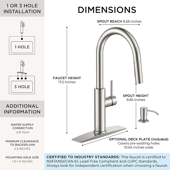 FORIOUS Kitchen Faucet with Soap Dispenser, High Arc Stainless Steel | Lead-Free, Single Handle, Brushed Nickel Pull Down Sink Faucets,1 or 3 Hole Deck Mount for RV/Bar/Laundry/Outdoor