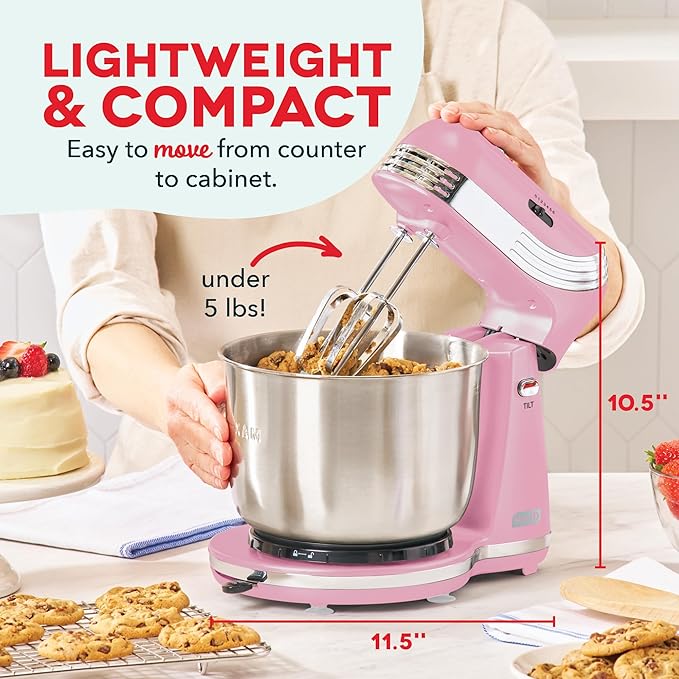 Dash Everyday Stand Mixer - Compact Tilt-Head Stand Mixer for Everyday Recipes - 6-Speed Power with Stainless Steel Bowl - Pink, 3-Quart