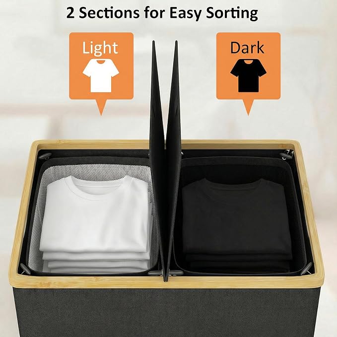 efluky Laundry Hamper with Lid, Double Laundry Basket with 2 Removable Bags, 2 Section Laundry Bin with Bamboo Handles for Bathroom, Bedroom & Laundry Room, 140L (36.9 Gallon) Black