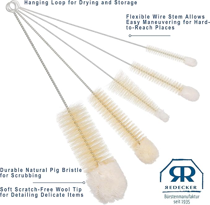 REDECKER Wool Tip Bottle Cleaning Brush Set with Pig Hair Bristles and Wire Handles, Set of 5, Various Sizes, Made in Germany - Bottle Cleaner Brush - Bottle Brush Soft Tip