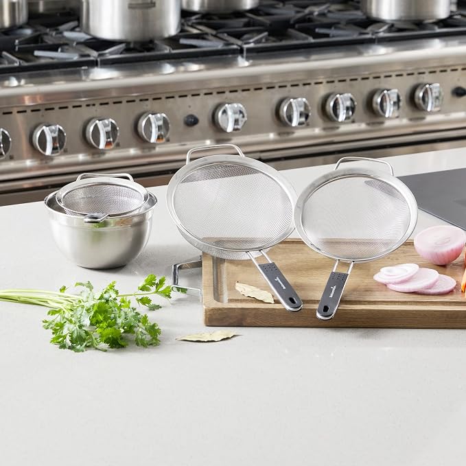 Restaurantware Fine Mesh Strainer Set of 3 Different Sizes with Silicone Handle Stainless Steel Extra Fine Mesh Strainer Heat-Resistant Handle Dishwasher-Safe for Rice, Quinoa, Pasta