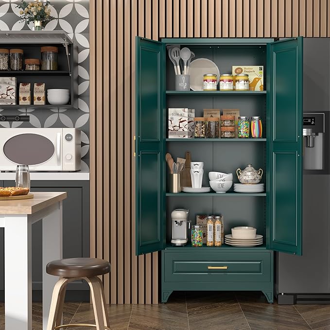SteeLoong 75" Metal Storage Cabinet with Doors and 3 Adjustable Shelves | Kitchen Pantry Cabinet with Drawer,Green Kitchen Cabinet with 2 Gold Handles,Food Cupboard for Livingroom,Pantry, Bathroom