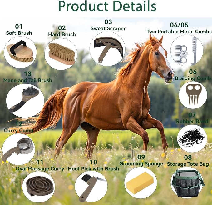 Horse Grooming Kit 13 Piece, Horse Brushes for Grooming Supplies Set with Organizer Bag, Horse Brush & Curry Comb for Effective Cleaning, Gift for Horses Riders Beginners