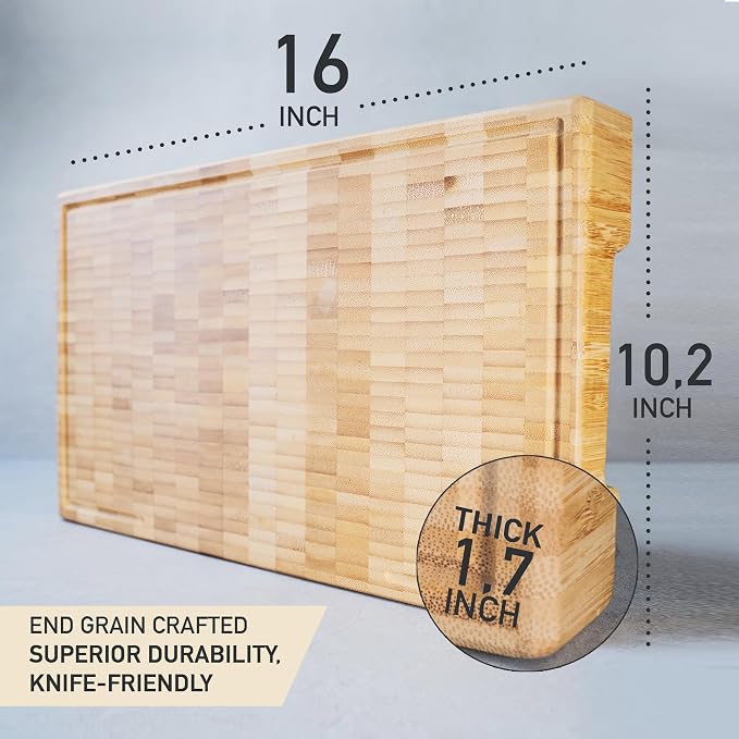 Bamboo Cutting Board, End Grain Butcher Block for Kitchen, Extra Thick 1.7" | 16 x 10 Inch (Extra Thick 1.7") Professional, Heavy Duty Hardwood Non Toxic Wooden Chopping Board (Oil & Plate Included)
